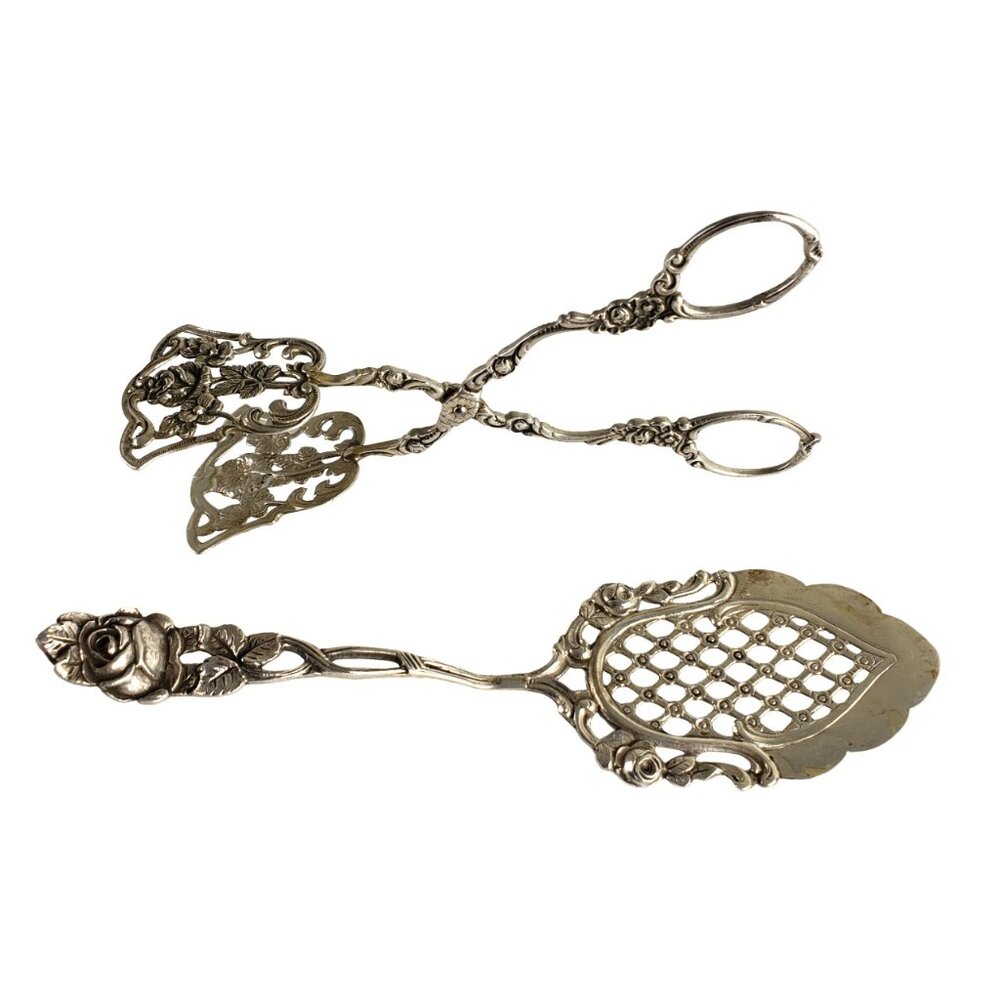 Antique German 800 European Silver Rose Pattern Pastry Tong & Server Set